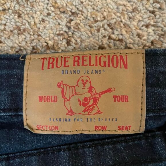 True Religion Kids Geno Relaxed Slim Jeans 5 Yellow Stitch Dark Wash - Picture 8 of 12